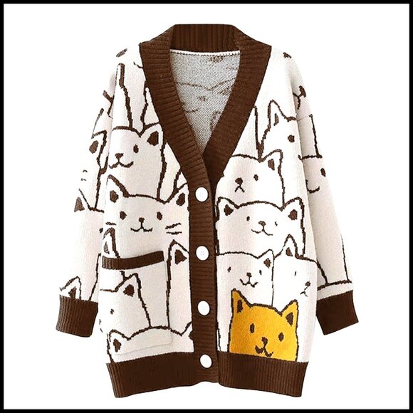 Sweaters - Oversized Chunky Knit Cardigan with Cat Print, V-Neck, Button Front